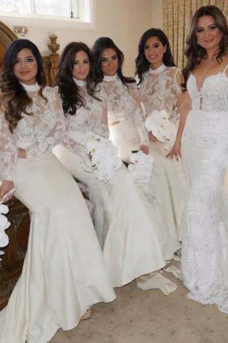 Mermaid High Neck Open Back Long Sleeves White Bridesmaid Dress with Appliques OHS019