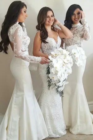 Mermaid High Neck Open Back Long Sleeves White Bridesmaid Dress with Appliques OHS019
