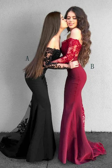 Mermaid Off-the-Shoulder Long Sleeves Black Prom Dress with Appliques L042
