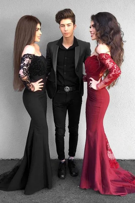 Mermaid Off-the-Shoulder Long Sleeves Black Prom Dress with Appliques L042