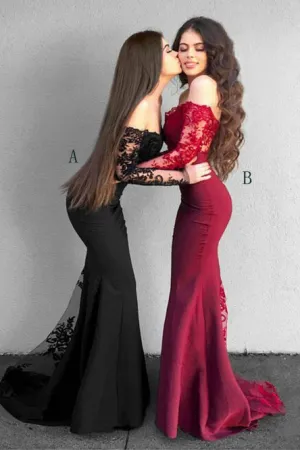 Mermaid Off-the-Shoulder Long Sleeves Black Prom Dress with Appliques L042