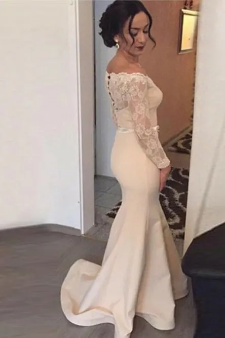 Mermaid Off-the-Shoulder Long Sleeves Sweep Train Prom Dress with Lace OHC091