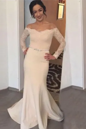 Mermaid Off-the-Shoulder Long Sleeves Sweep Train Prom Dress with Lace OHC091