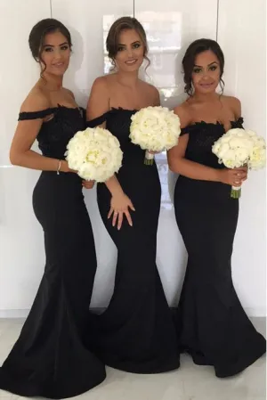 Mermaid Off-the-Shoulder Sweep Train Black Bridesmaid Dress with Appliques OHS023