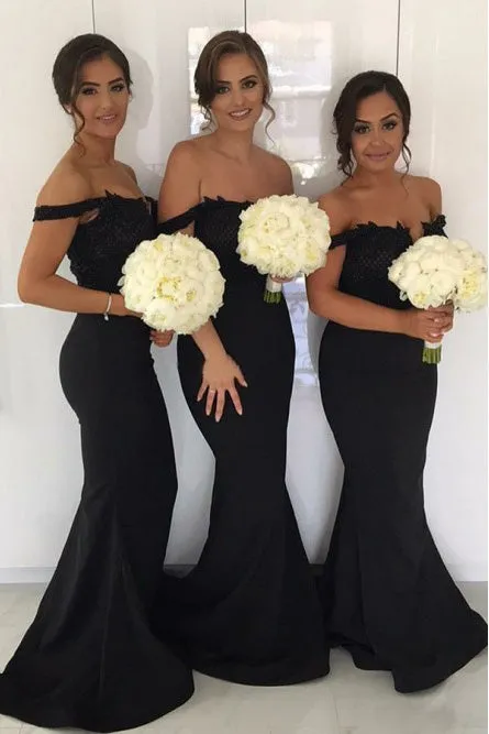 Mermaid Off-the-Shoulder Sweep Train Black Bridesmaid Dress with Appliques OHS023