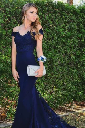 Mermaid Off-the-Shoulder Sweep Train Navy Blue Prom Dress with Appliques OHC076