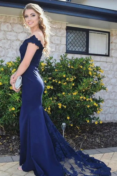 Mermaid Off-the-Shoulder Sweep Train Navy Blue Prom Dress with Appliques OHC076