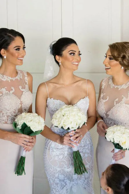 Mermaid Round Neck Sweep Train Ivory Bridesmaid Dress with Appliques OHS018