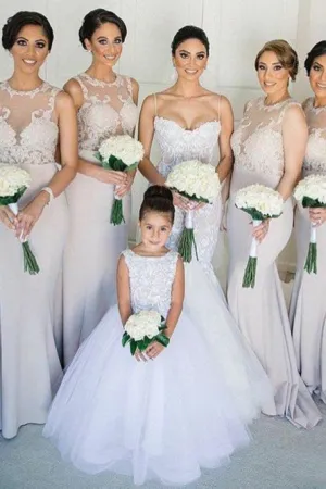 Mermaid Round Neck Sweep Train Ivory Bridesmaid Dress with Appliques OHS018