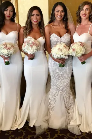 Mermaid Spaghetti Straps Sweep Train White Bridesmaid Dress with Ruffles OHS039