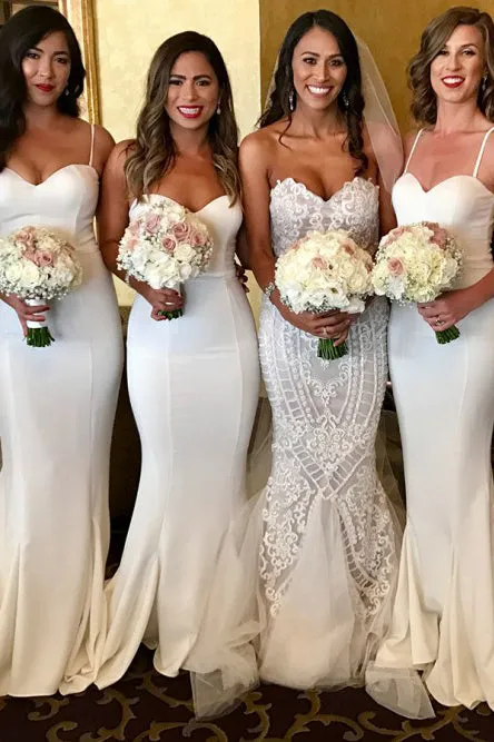 Mermaid Spaghetti Straps Sweep Train White Bridesmaid Dress with Ruffles OHS039