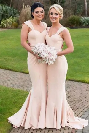 Mermaid Square Sweep Train Champagne Stretch Satin Bridesmaid Dress OHS001