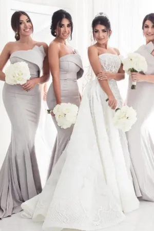 Mermaid Strapless Sweep Train Bridesmaid Dress with Ruffles OHS097