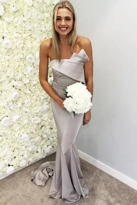 Mermaid Strapless Sweep Train Bridesmaid Dress with Ruffles OHS097