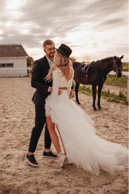 Mermaid Two Piece Tulle White Long Sleeves Wedding Dress Sweep Train Slit Beach Bridal Gown OHD235