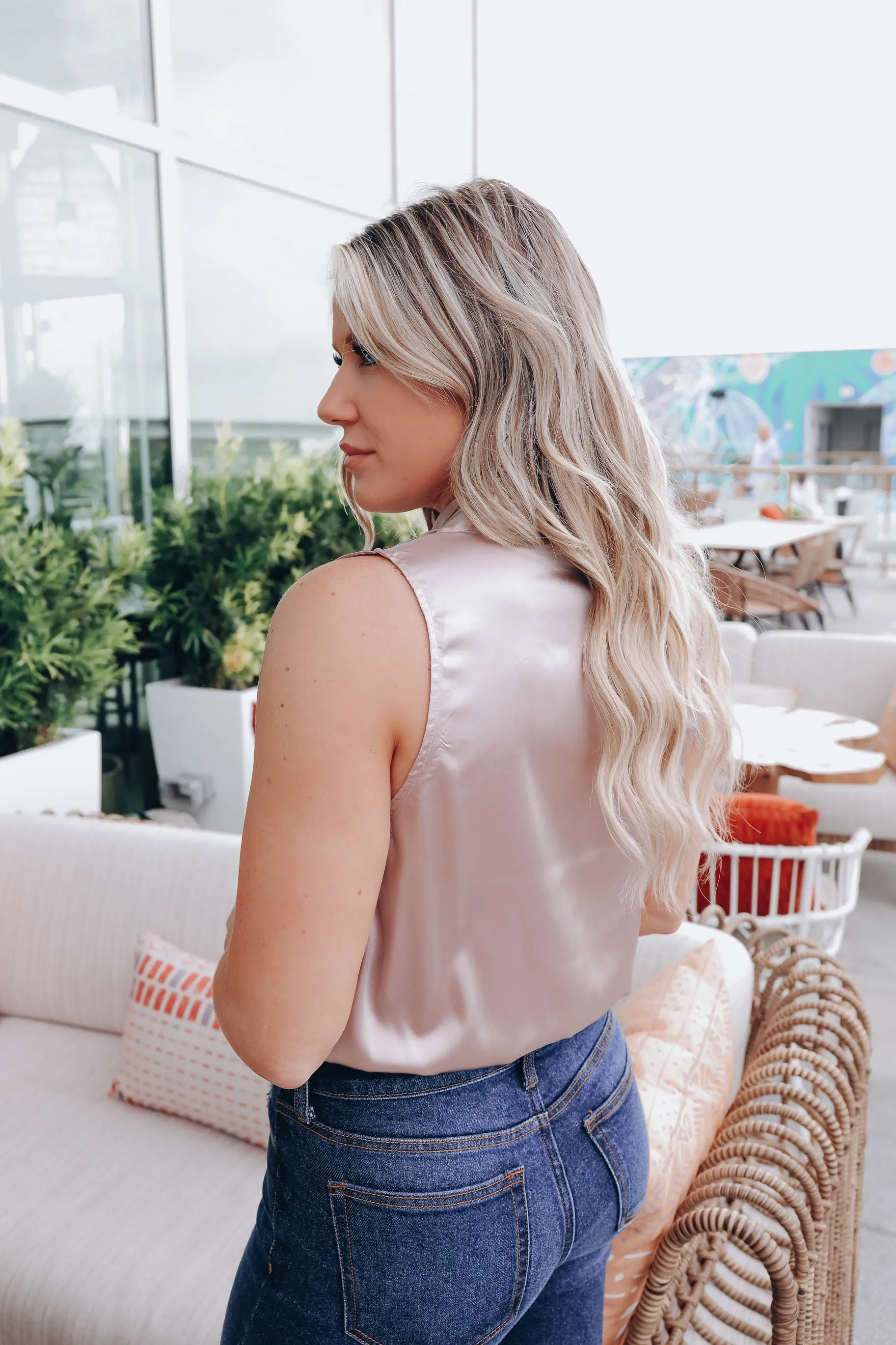 Mia Satin Surplice Bodysuit- Champ/Pink