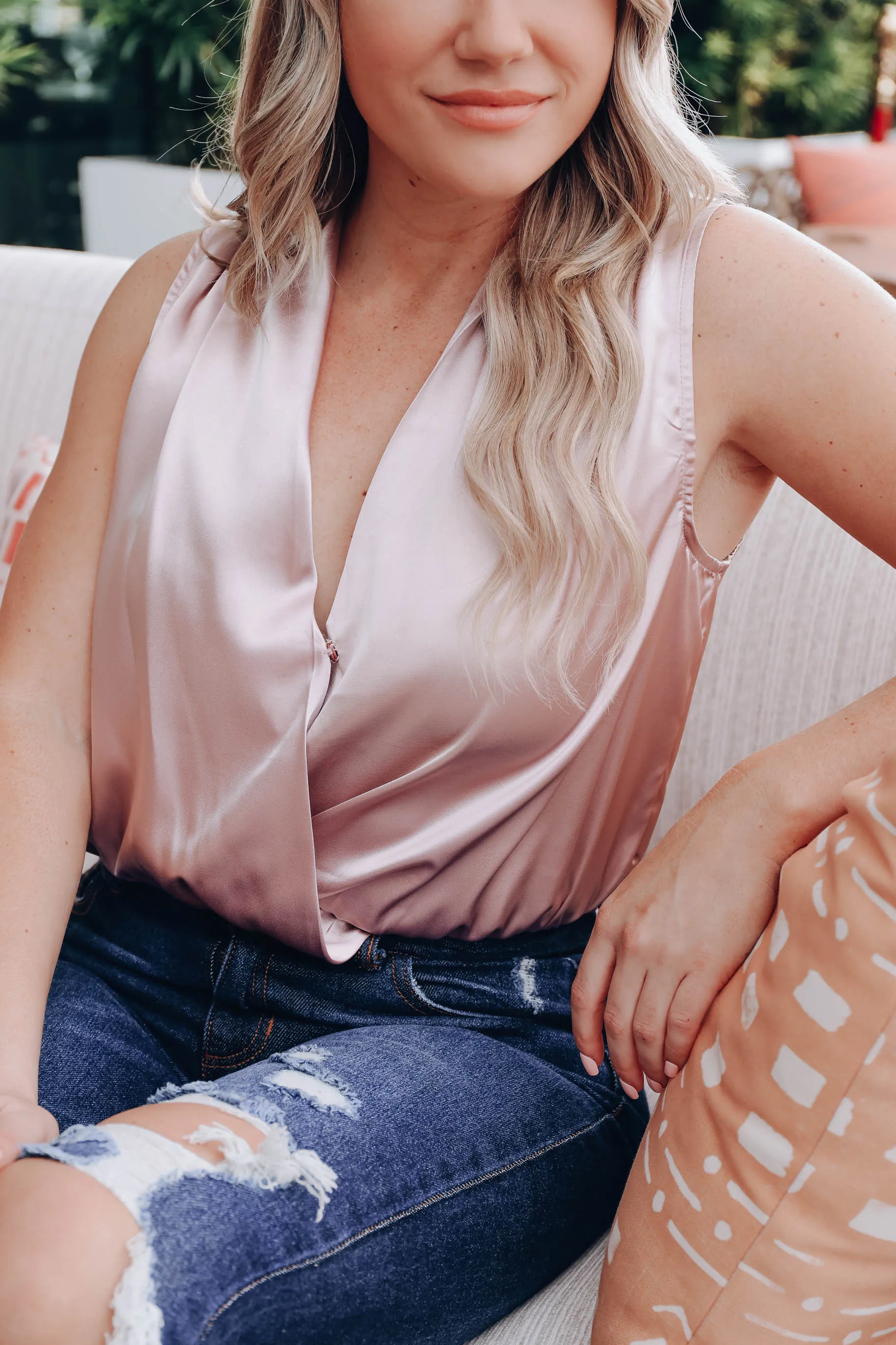 Mia Satin Surplice Bodysuit- Champ/Pink