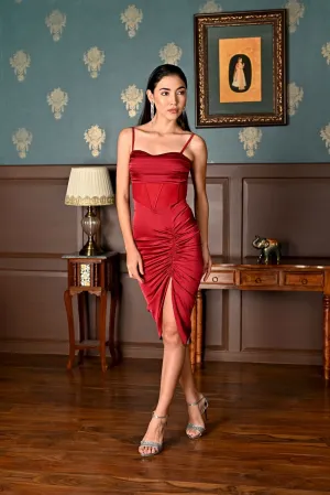 Middle of the night Maroon Asymmetric padded corset midi dress
