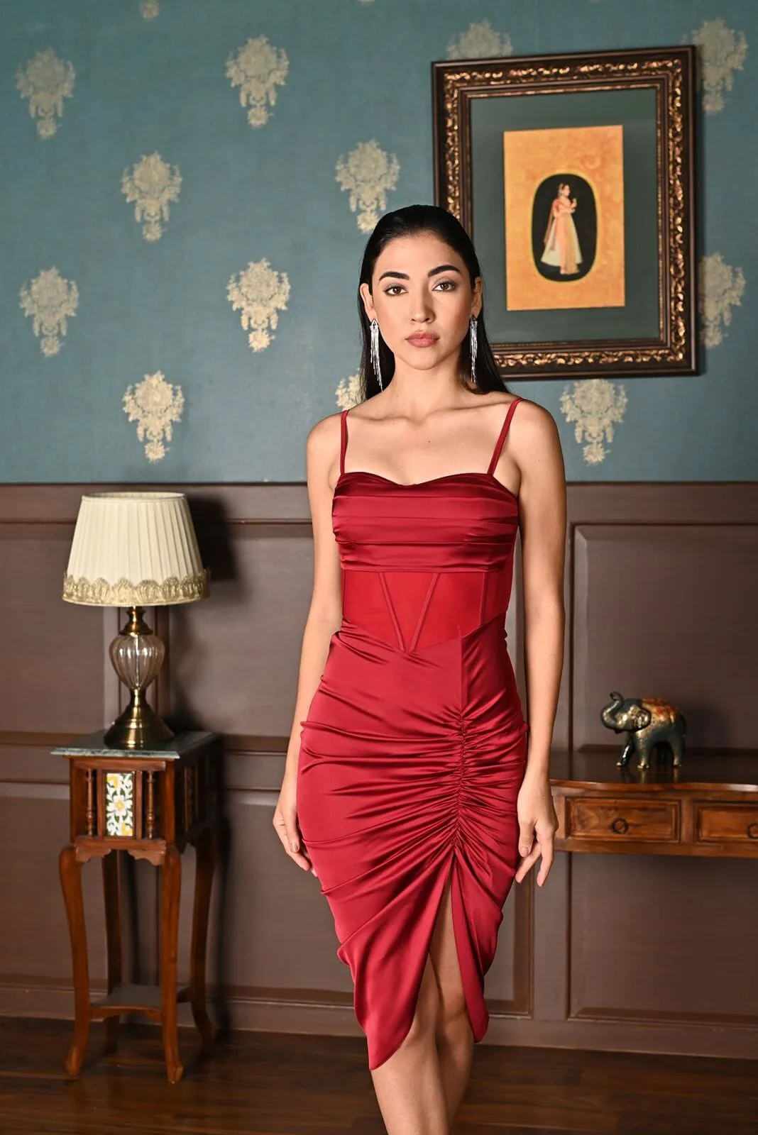 Middle of the night Maroon Asymmetric padded corset midi dress