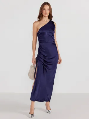 Mink Pink- One Shoulder Ruched Lumina Satin Maxi Dress