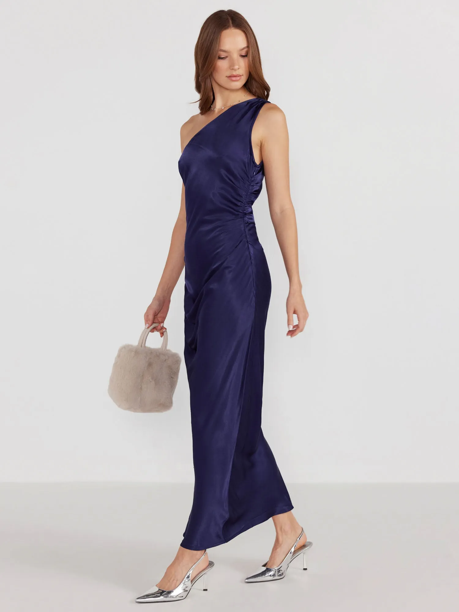 Mink Pink- One Shoulder Ruched Lumina Satin Maxi Dress