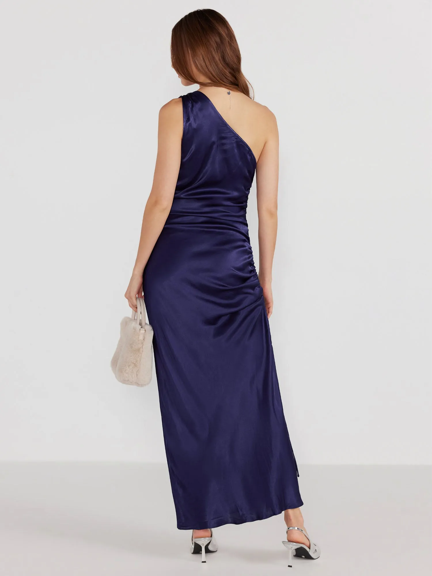 Mink Pink- One Shoulder Ruched Lumina Satin Maxi Dress
