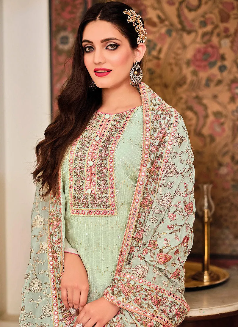 Mint Green Multi Embroidered Traditional Palazzo Suit