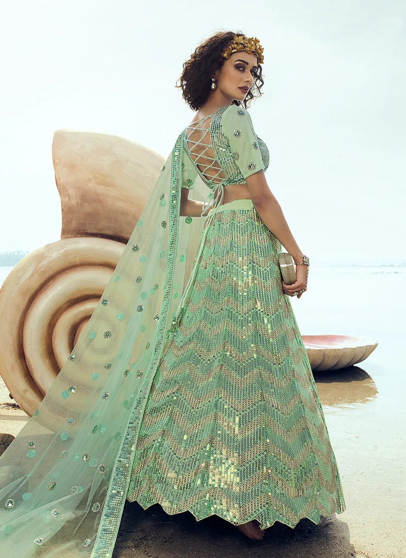 Mint Green Sequence Embroidered Lehenga Choli