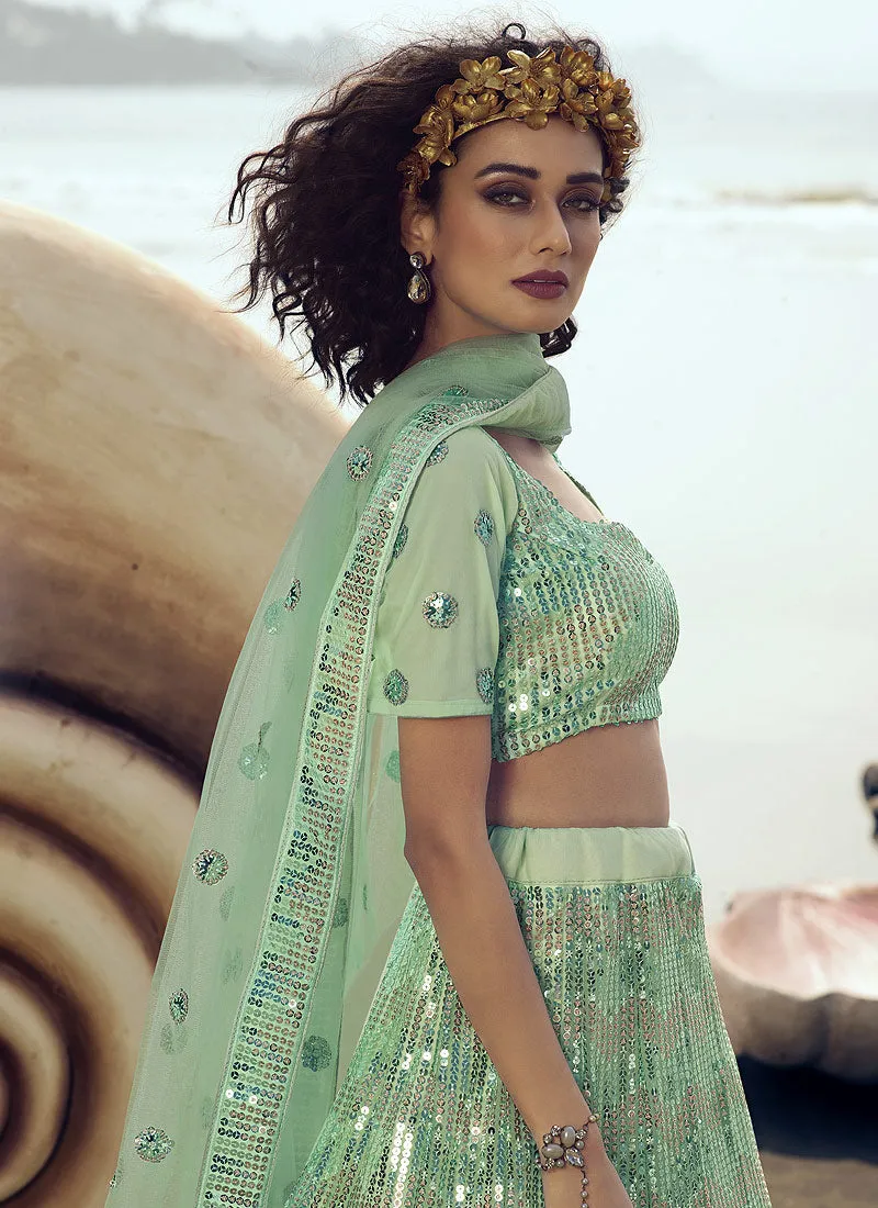 Mint Green Sequence Embroidered Lehenga Choli