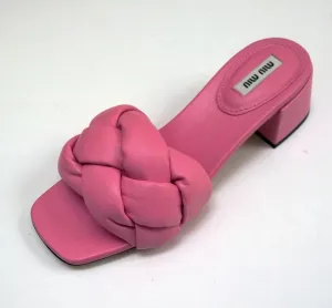 Miu Miu Donna Pink Leather Quilted Puffy Slides Sandals Padded Heels