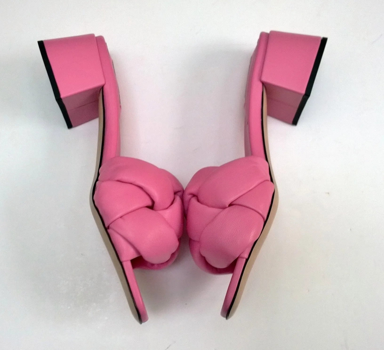 Miu Miu Donna Pink Leather Quilted Puffy Slides Sandals Padded Heels