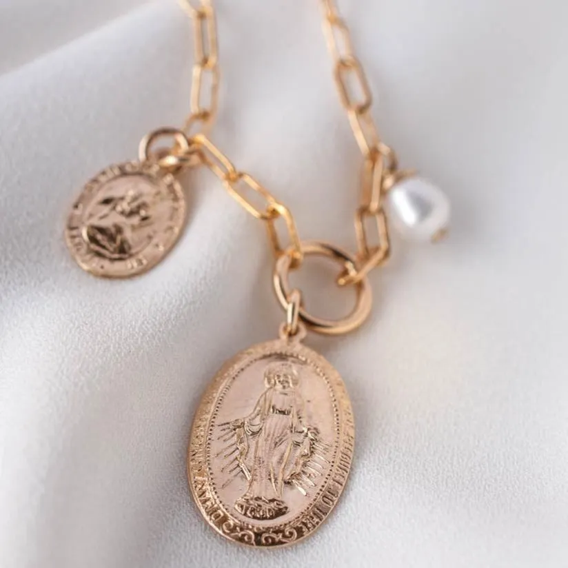 Mother of Protection - St. Christopher, Holy Mary, and Fresh Water Pearl Necklace