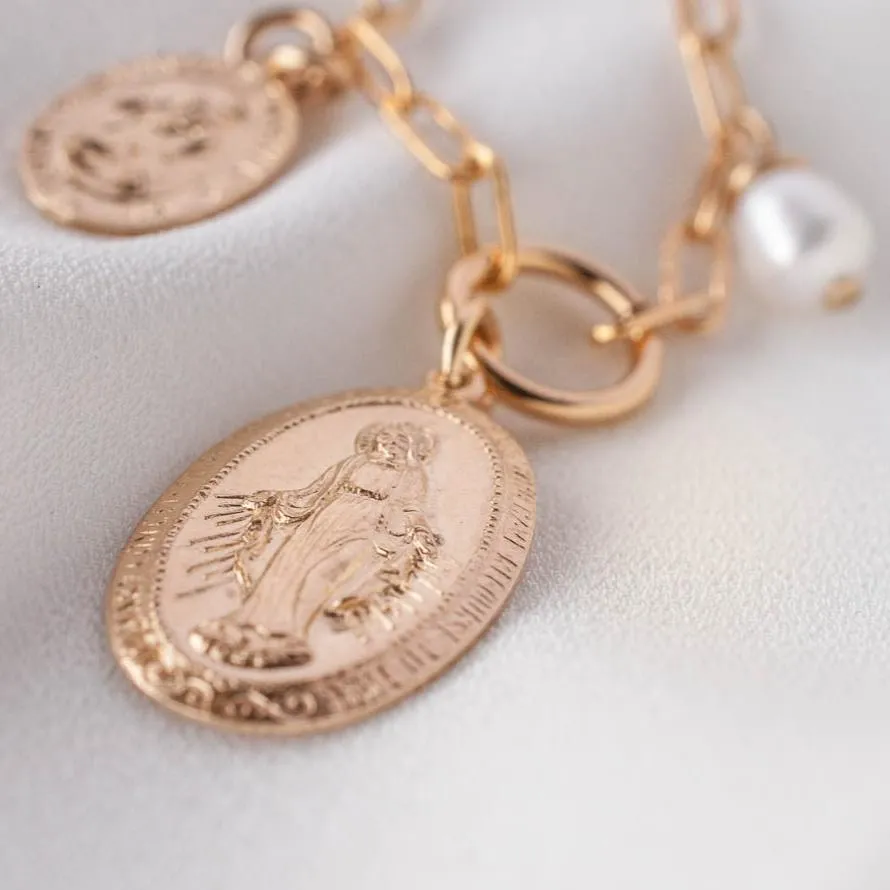 Mother of Protection - St. Christopher, Holy Mary, and Fresh Water Pearl Necklace