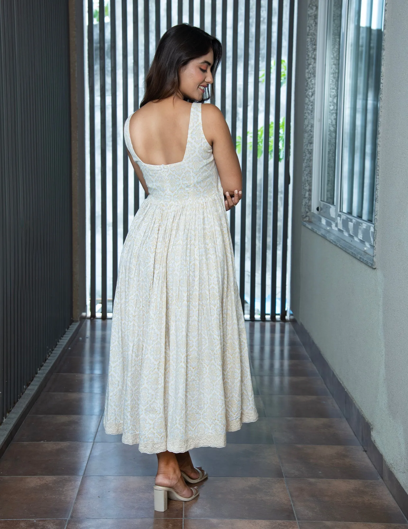MULMUL EILEEN IVORY HAND BLOCK PRINTED DRESS