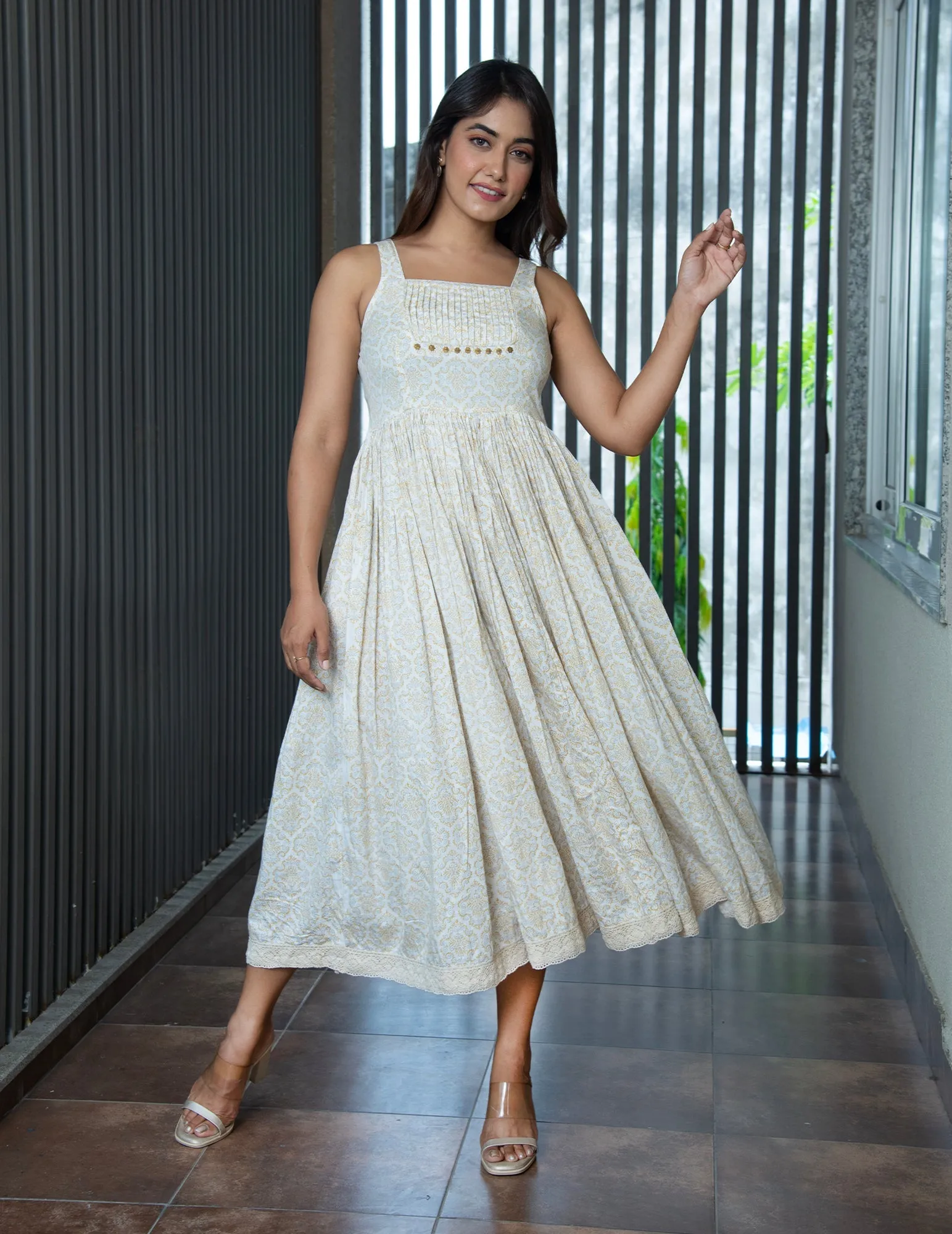 MULMUL EILEEN IVORY HAND BLOCK PRINTED DRESS