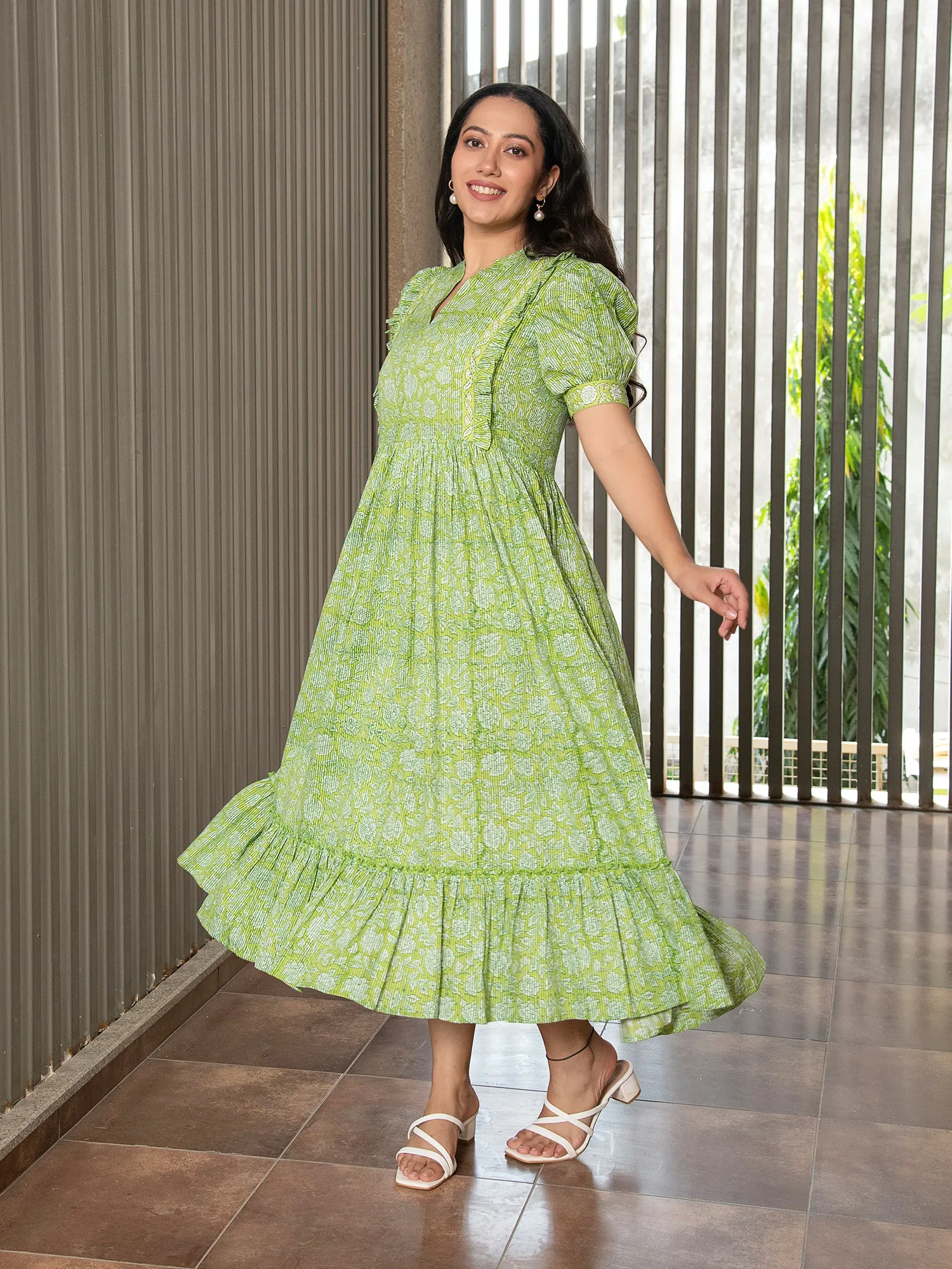 MULMUL GREEN FLORAL JAAL BLOCK PRINTED DRESS