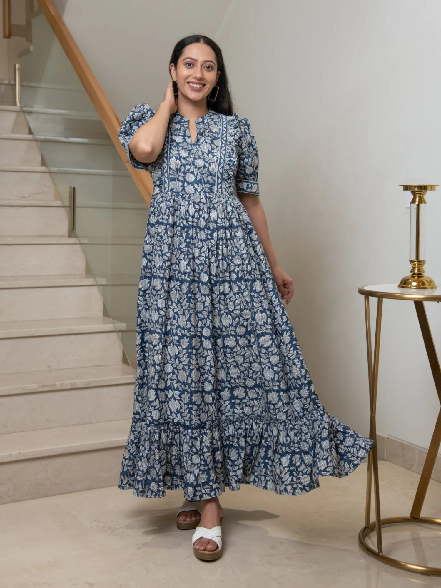 MULMUL NAVY FLORAL JAAL BLOCK PRINTED DRESS