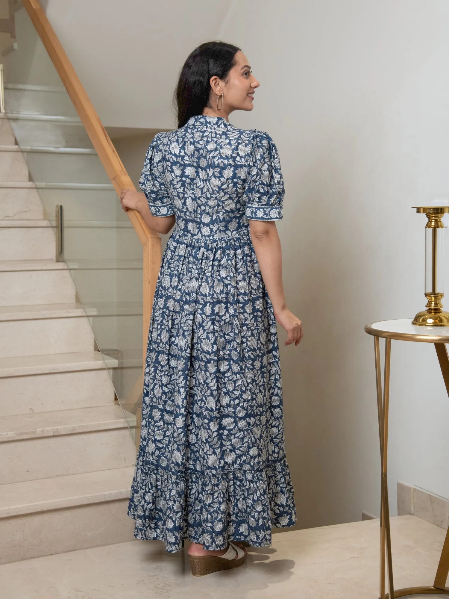 MULMUL NAVY FLORAL JAAL BLOCK PRINTED DRESS