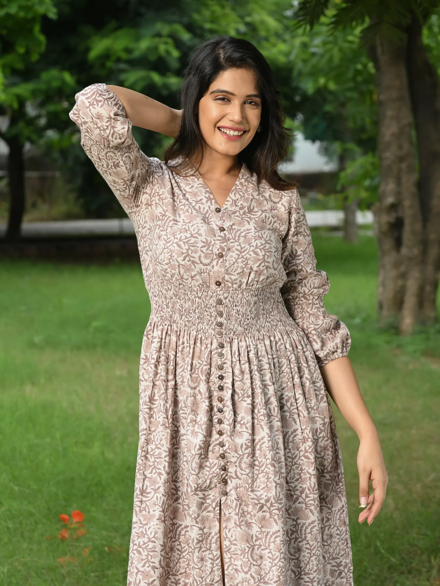 MULMUL PASTEL BROWN BLOSSOM BLOCK PRINTED COMFY DRESS