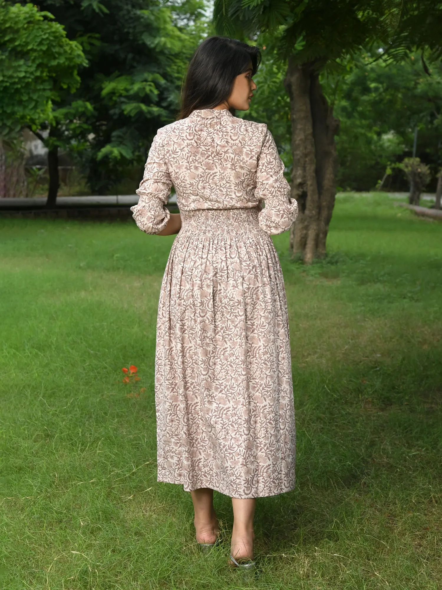 MULMUL PASTEL BROWN BLOSSOM BLOCK PRINTED COMFY DRESS