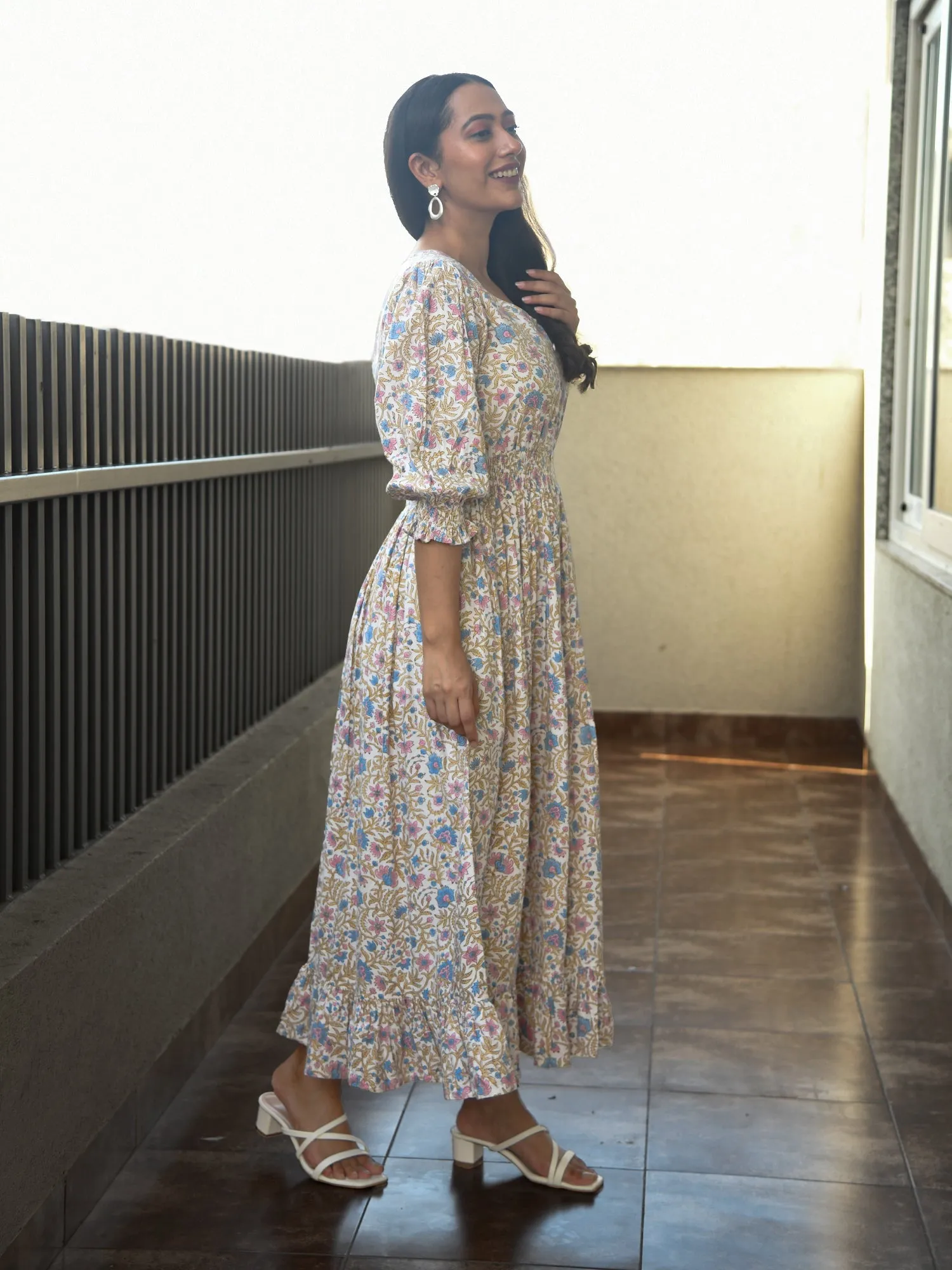 MULMUL PRASHI JAAL BLOCK PRINTED COMFY DRESS