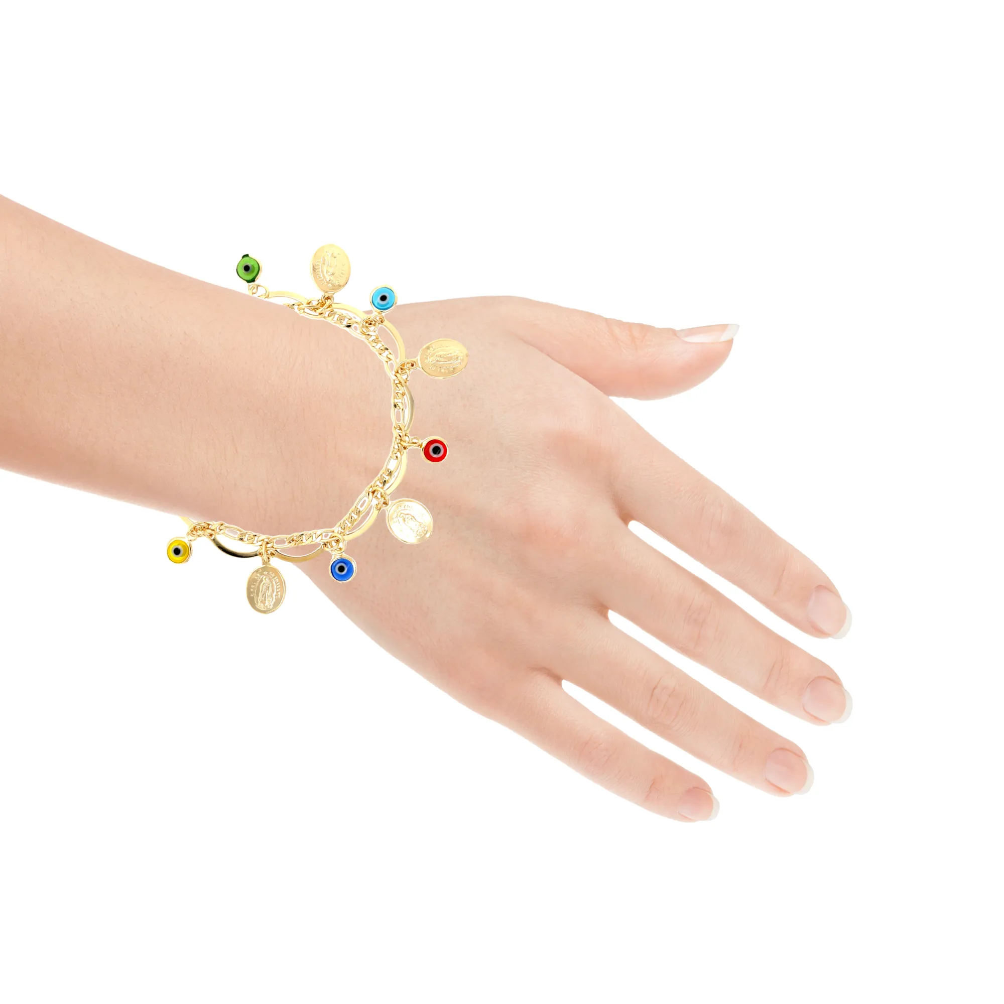 Multicolor Evil Eye and Mary Virgin Charm Bracelet Figaro Chain Link with Extension