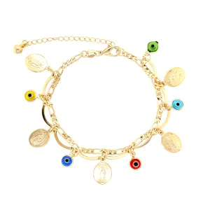 Multicolor Evil Eye and Mary Virgin Charm Bracelet Figaro Chain Link with Extension