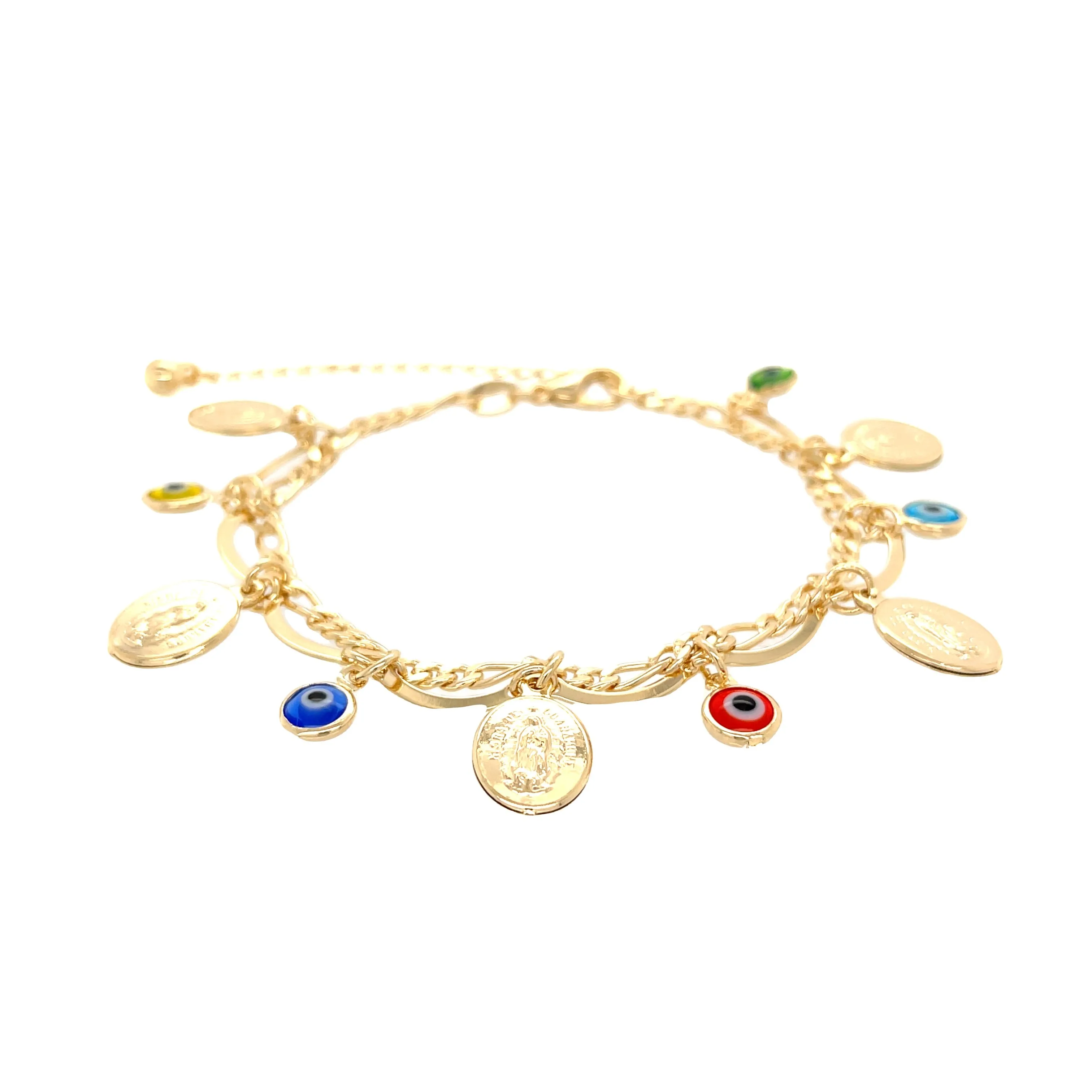 Multicolor Evil Eye and Mary Virgin Charm Bracelet Figaro Chain Link with Extension
