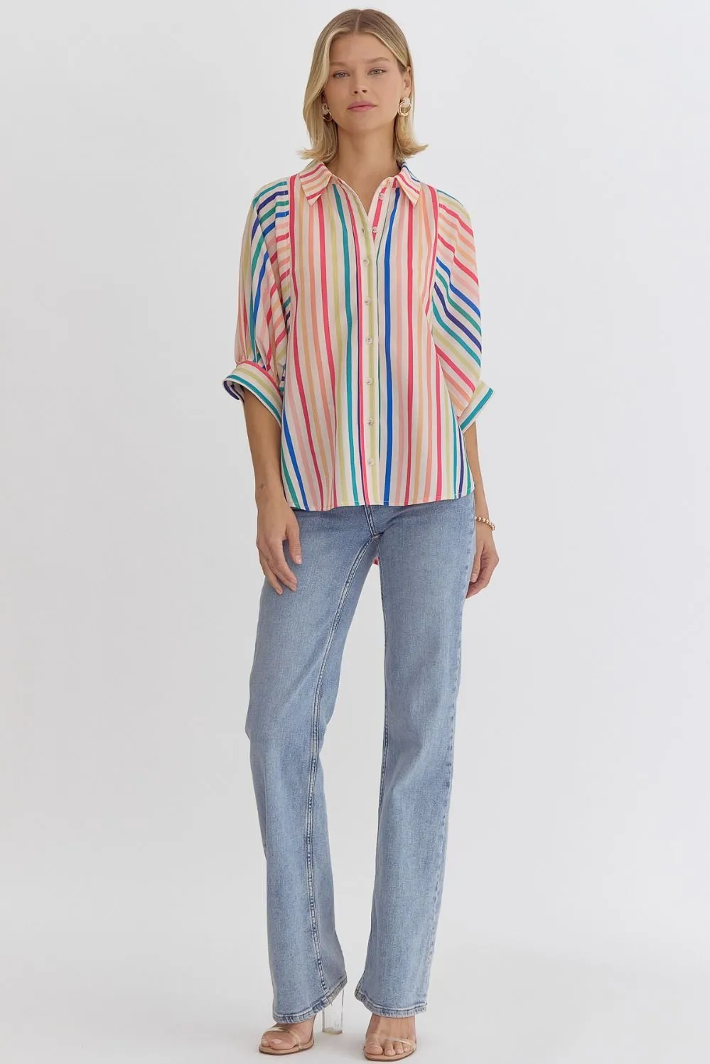 Multicolor Stripe Button Down Half Sleeve Collared Top