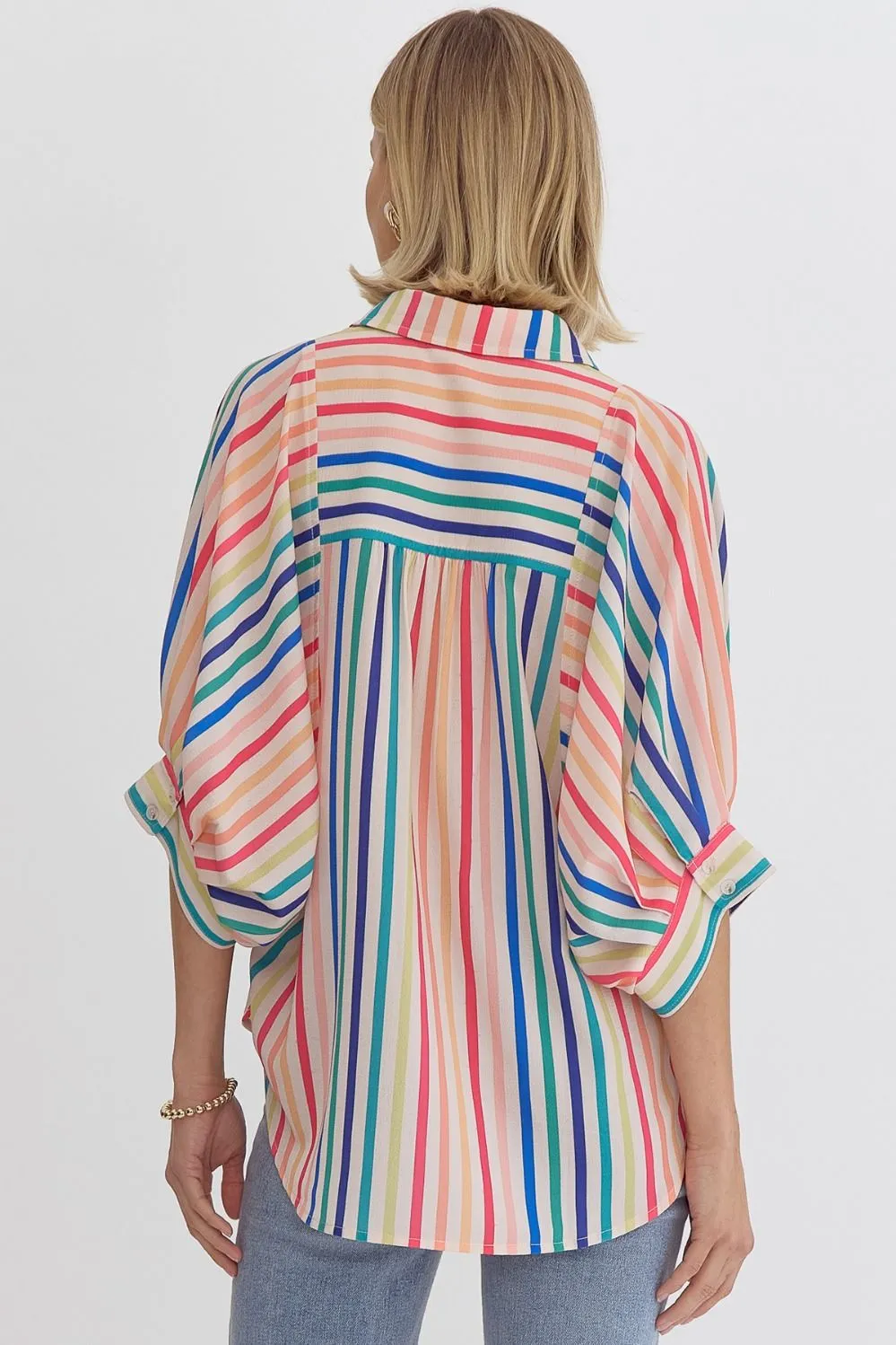 Multicolor Stripe Button Down Half Sleeve Collared Top