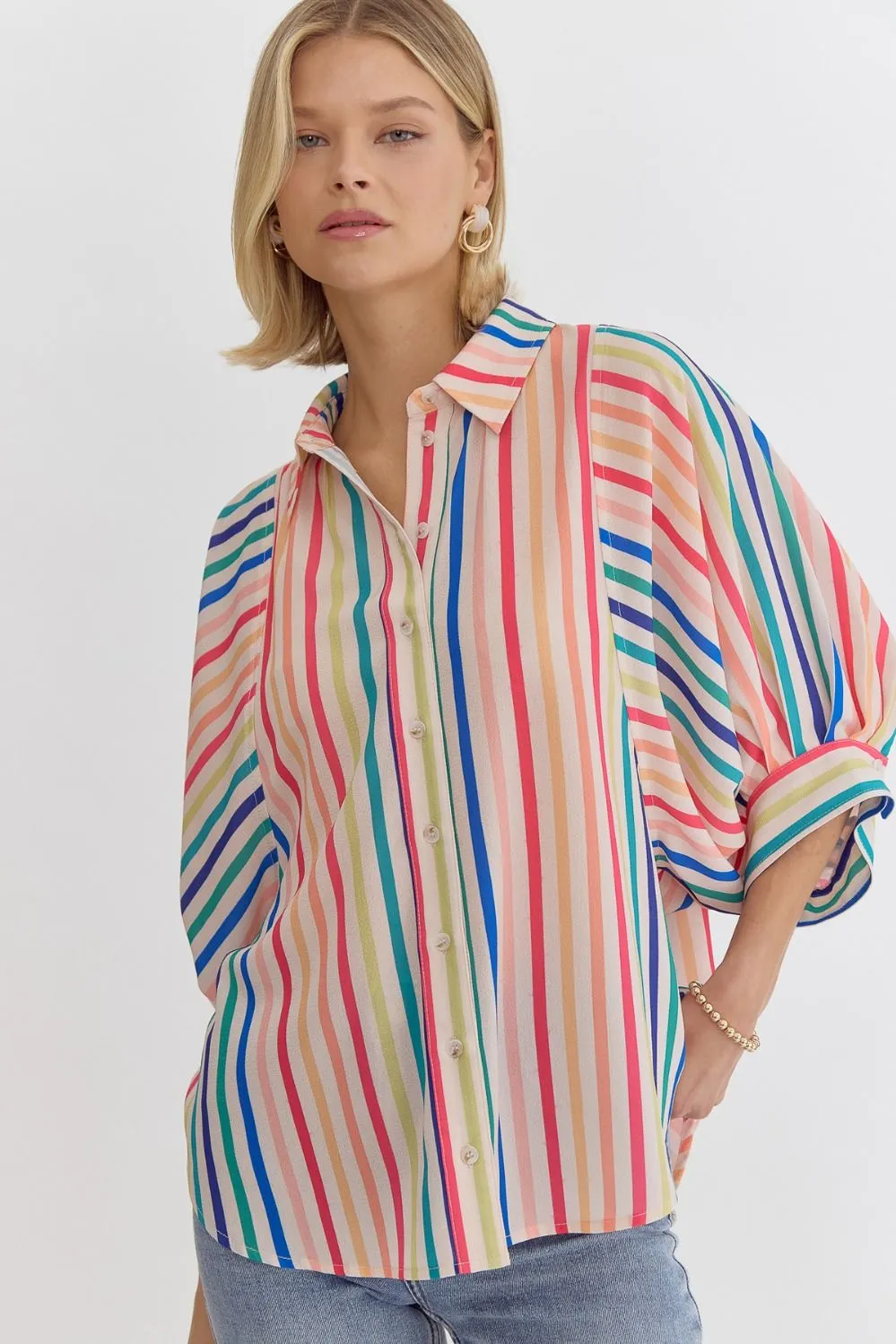 Multicolor Stripe Button Down Half Sleeve Collared Top