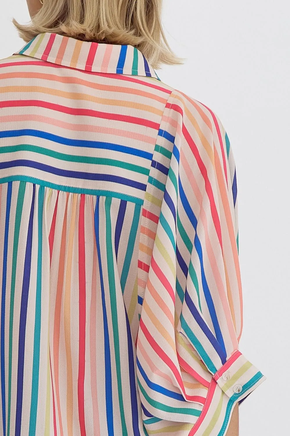 Multicolor Stripe Button Down Half Sleeve Collared Top