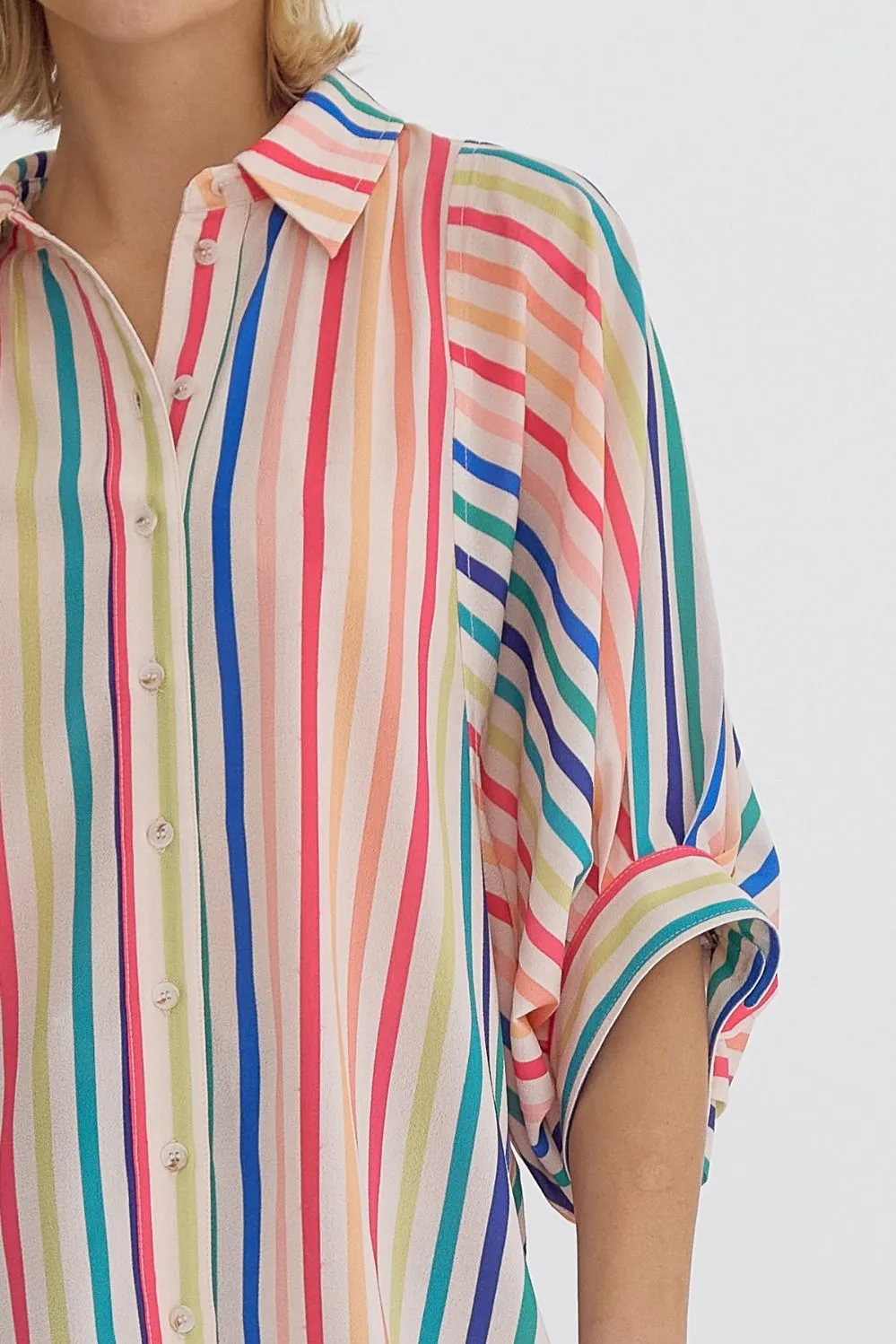 Multicolor Stripe Button Down Half Sleeve Collared Top