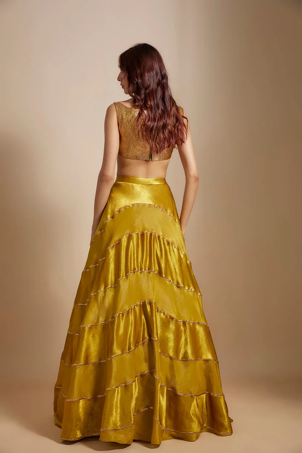 Mustard Block Skirt With Badla Embroidered blouse With Shibori Dupatta